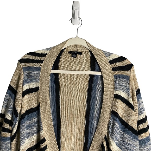Majora Women's Tan/Blue Striped Open Front Fringed Knit Cardigan - Picture 2 of 10